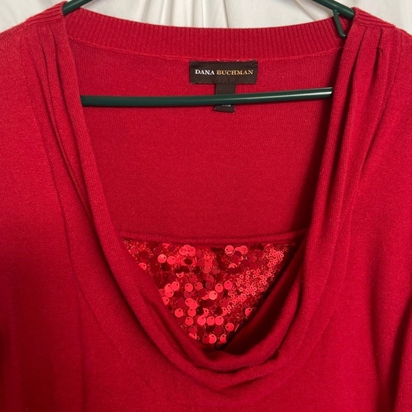 Dana Buchman Tops - DANABACHMAN Sz-M Women Red Christmas Top- Very Pretty Draped & Sequined Neckline